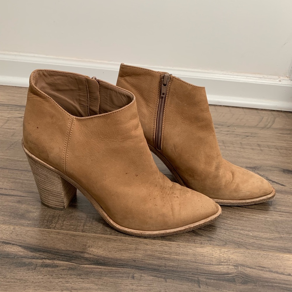 VINCE tan asymmetrical booties